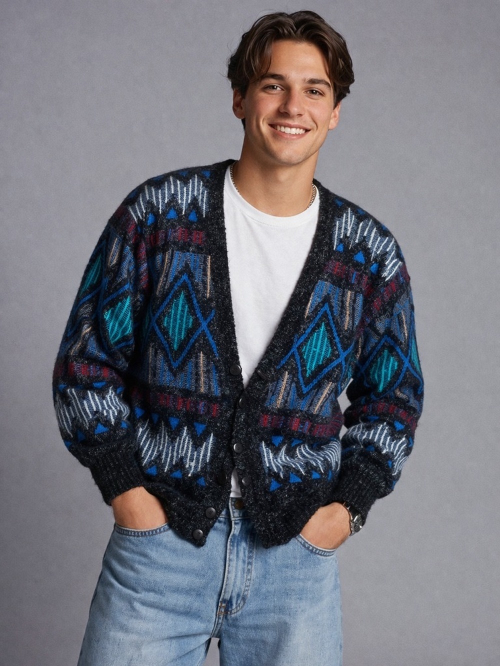 Vintage Santana Blue Geometric Pattern Mens L Long Sleeve Button Cardigan Fuzzy